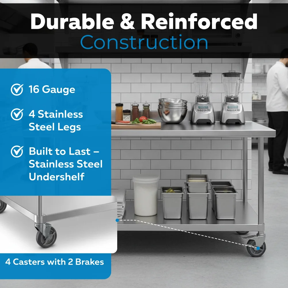 36" x 72" 16-Gauge Commercial Work Table with 4" Backsplash, Undershelf and Casters, 304 Stainless Steel
