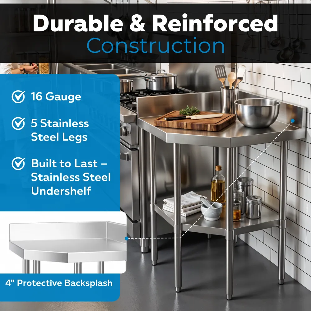 38" x 38" 16-Gauge Corner Work Table, Stainless Steel