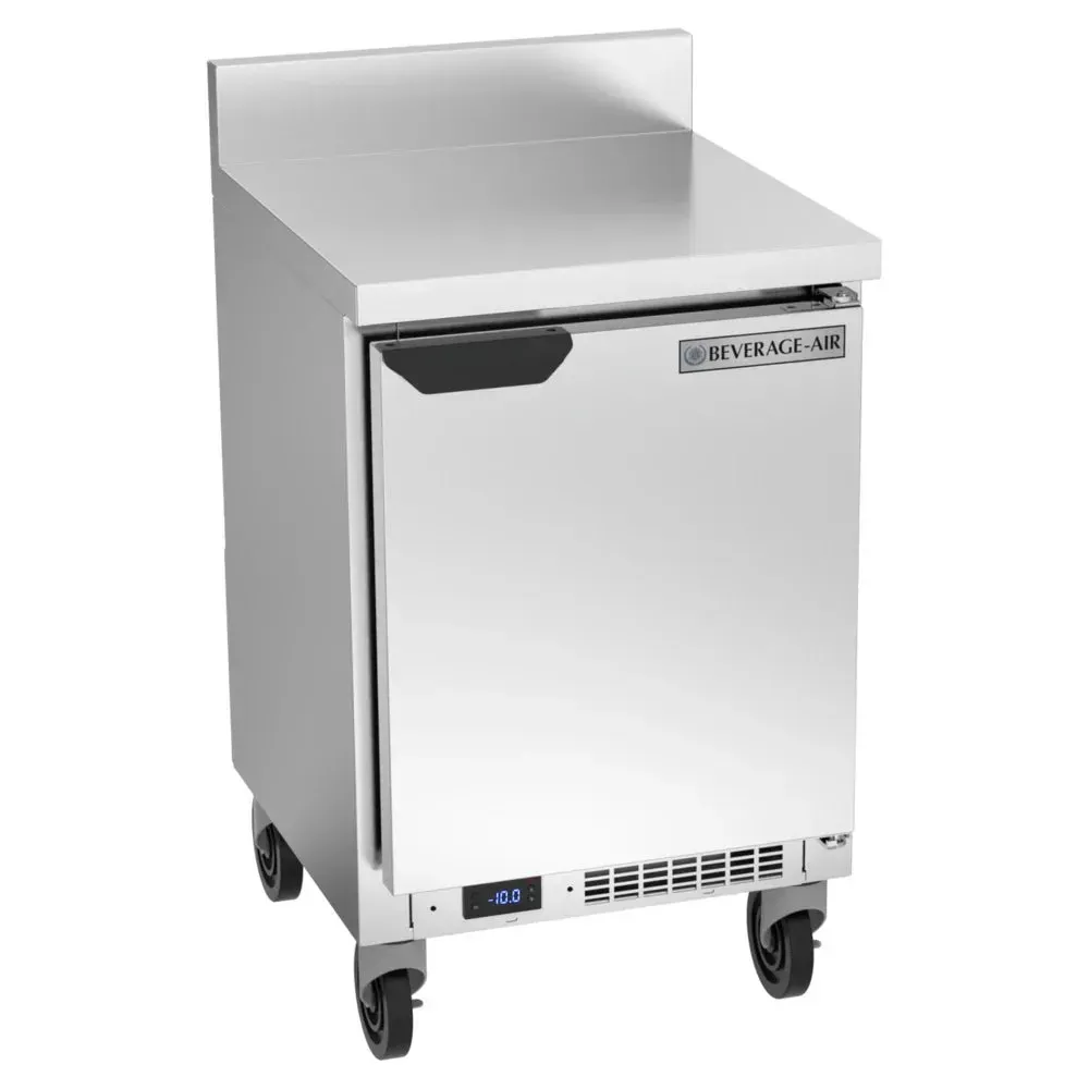 Worktop freezer with backsplash fits compact kitchens, combining frozen storage and clean prep; Beverage-Air stainless design suits cafes.