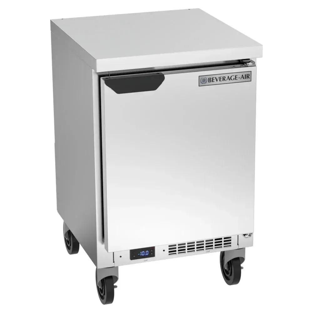 Shallow-depth worktop freezer with flat top saves aisle space while storing frozen items; Beverage-Air stainless unit fits tight kitchens.