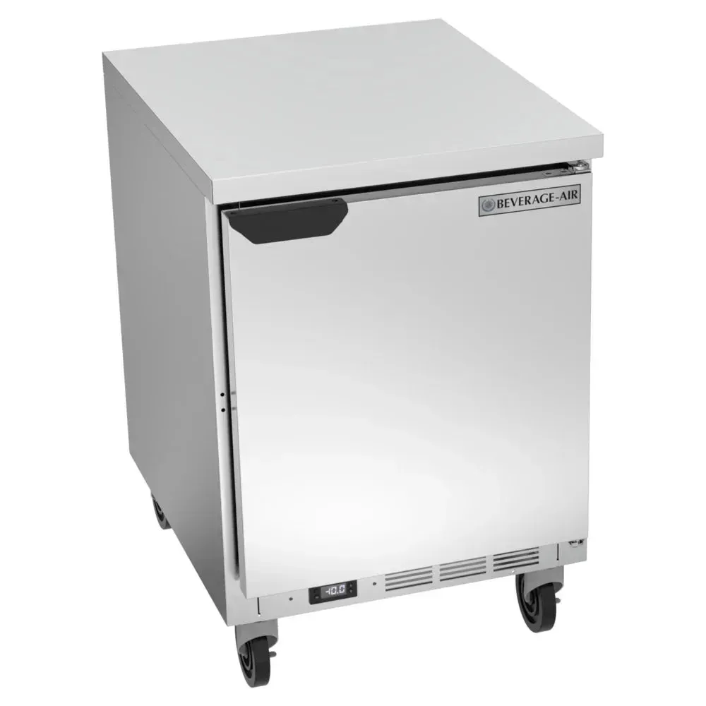 Compact worktop freezer with flat top fits tight kitchens; Beverage-Air stainless design offers reliable frozen storage and prep space.