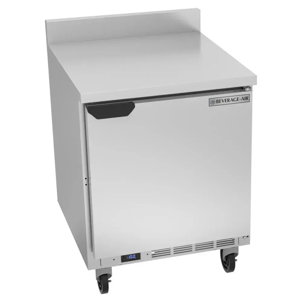 Worktop freezer with backsplash offers frozen storage and a clean prep area; Beverage-Air stainless build fits busy cafe or hotel kitchens.