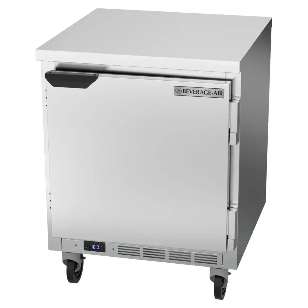 Worktop freezer with flat top provides frozen storage and prep space; Beverage-Air stainless design suits restaurant or hotel kitchens.