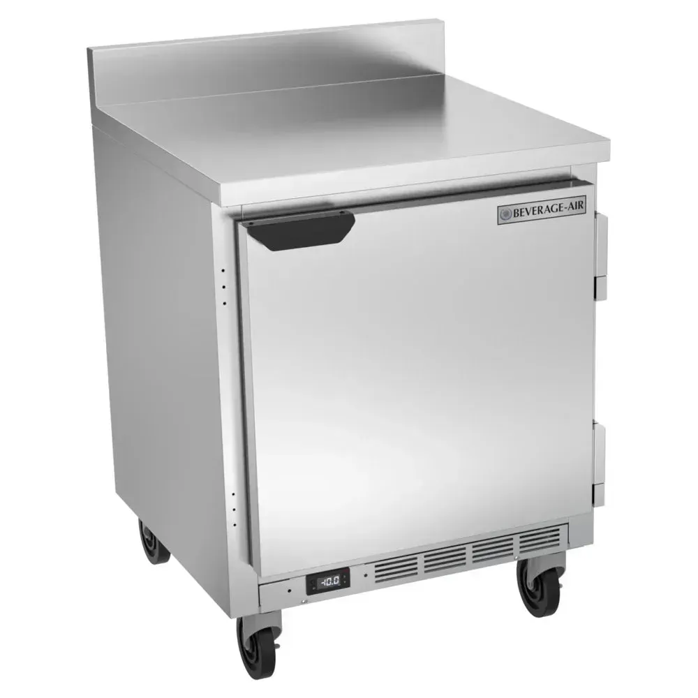 Single-door worktop freezer offers prep space and frozen storage in one; Beverage-Air stainless design fits small hotel or cafe kitchens.