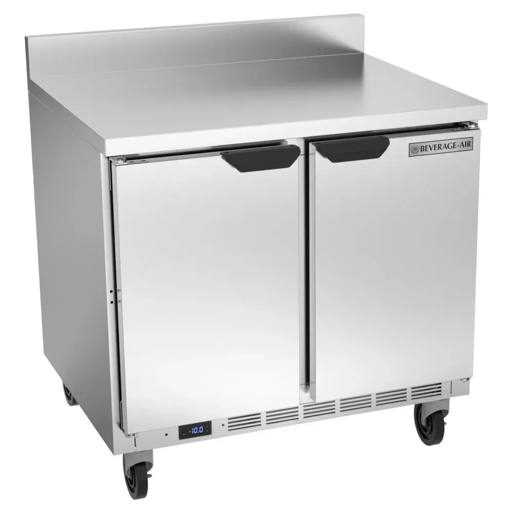 Worktop freezer with backsplash protects walls and provides frozen storage; Beverage-Air stainless build suits compact cafe prep zones.