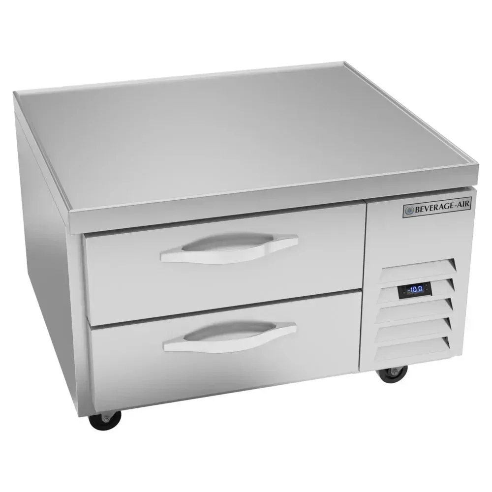Two-drawer chef base freezer ensures reliable frozen storage; Beverage-Air stainless design maximizes space in compact cafe kitchens.