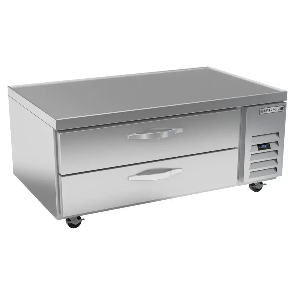 Two-drawer chef base freezer provides under-counter frozen storage; Beverage-Air stainless design ensures durability in busy cafe kitchens.