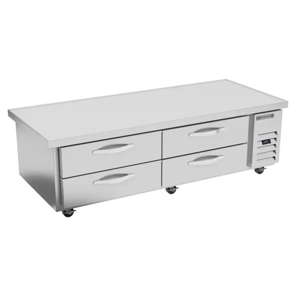 Four-drawer chef base freezer stores frozen items and shields walls; Beverage-Air stainless build fits busy cafe or restaurant kitchens.