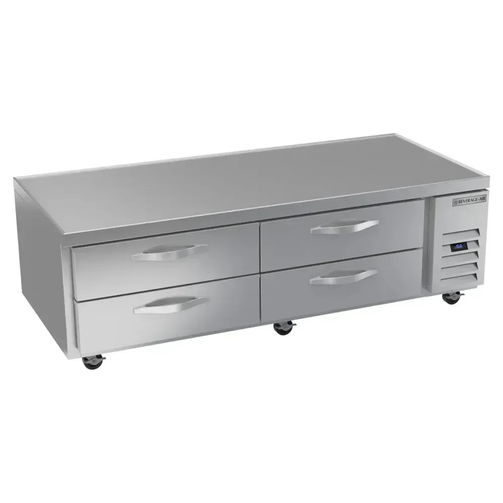 Four-drawer chef base freezer ensures dependable frozen storage; Beverage-Air stainless design suits hotel, cafe, or restaurant prep.