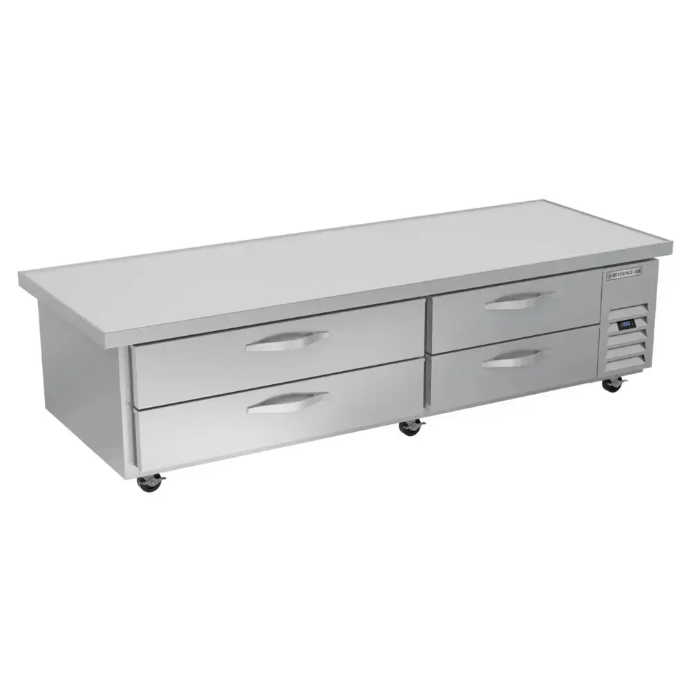 Four-drawer chef base freezer with overhang provides frozen storage and splash protection; Beverage-Air stainless design fits cafes and restaurants.