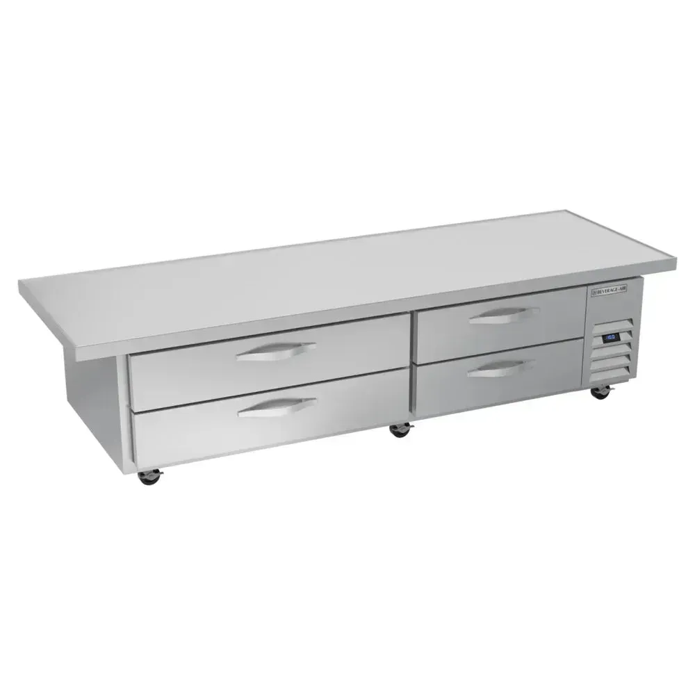 Four-drawer chef base freezer with overhang adds workspace and frozen storage; Beverage-Air stainless unit supports streamlined cafe prep work.