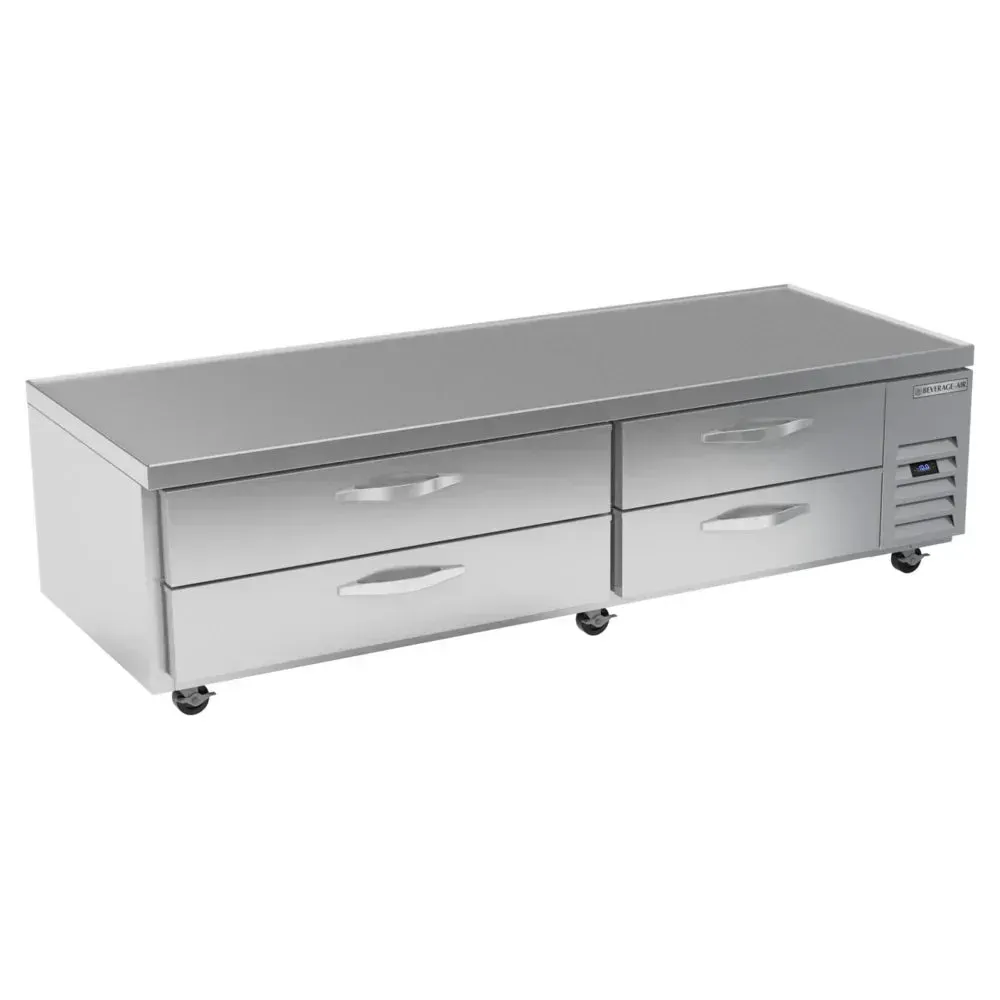 Four-drawer chef base freezer delivers reliable frozen storage; Beverage-Air stainless unit suits restaurant or cafe prep stations efficiently.