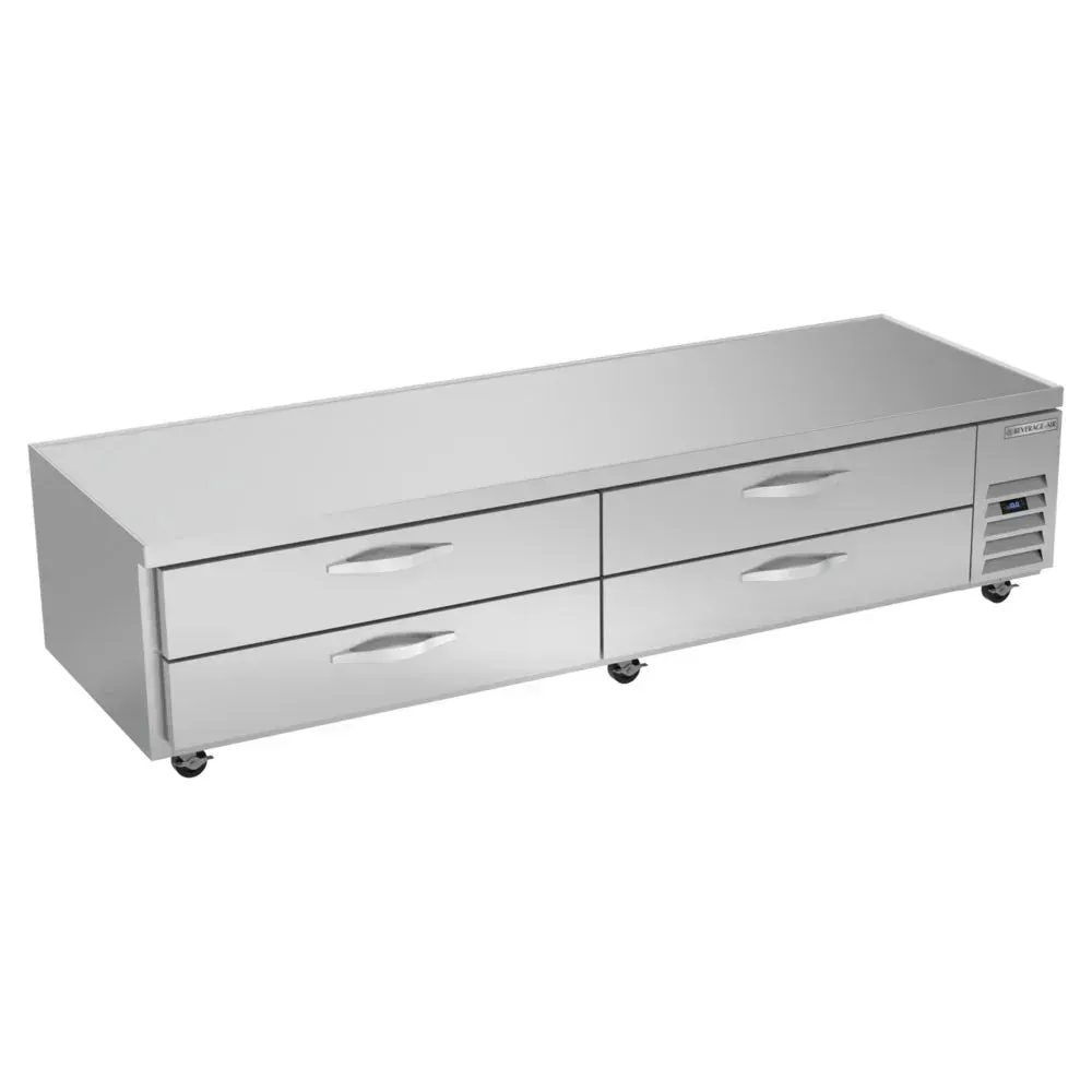 Four-drawer chef base freezer delivers ample frozen storage; Beverage-Air stainless build keeps ingredients organized in busy cafe kitchen setups.