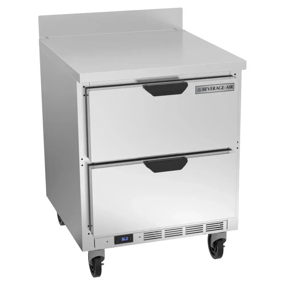 Compact two-drawer worktop freezer offers frozen storage for chefs; Beverage-Air stainless build helps maximize space in small cafe kitchens.