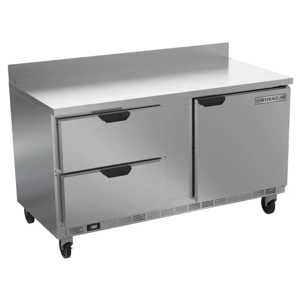 Two-drawer, one-door worktop freezer offers frozen storage under counters; Beverage-Air stainless build is ideal for compact cafe kitchen setups.