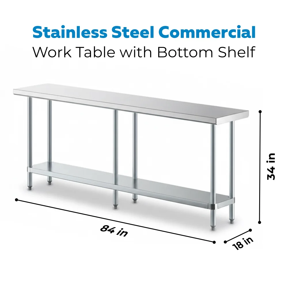 18" x 84" 18 Gauge Commercial Work Table with Galvanized Legs and Undershelf, 304 Stainless Steel