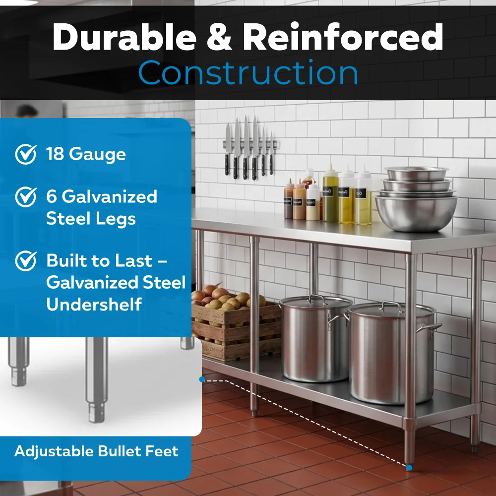 18" x 84" 18 Gauge Commercial Work Table with Galvanized Legs and Undershelf, 304 Stainless Steel
