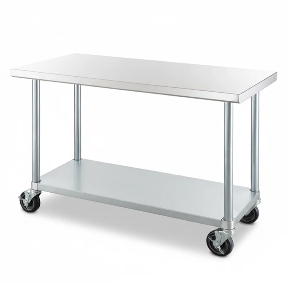 24" x 48" 18 Gauge Commercial Work Table with Galvanized Legs, Undershelf, and Casters, 304 Stainless Steel