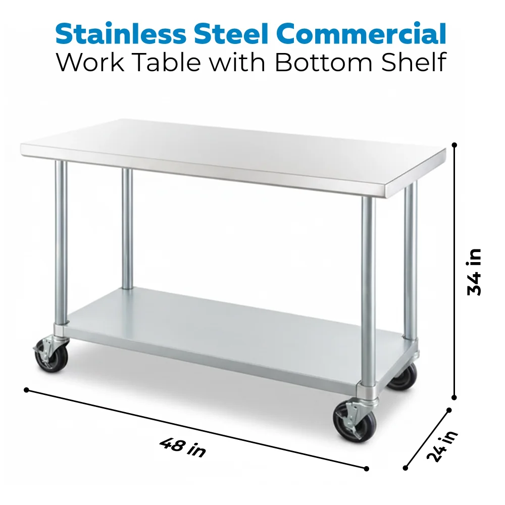 24" x 48" 18 Gauge Commercial Work Table with Galvanized Legs, Undershelf, and Casters, 304 Stainless Steel