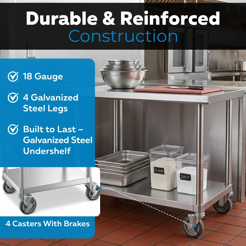24" x 48" 18 Gauge Commercial Work Table with Galvanized Legs, Undershelf, and Casters, 304 Stainless Steel