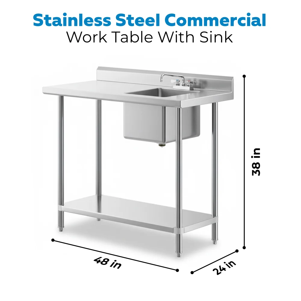 24" x 48" 16 Gauge Work Table with Left Sink, 304 Stainless Steel