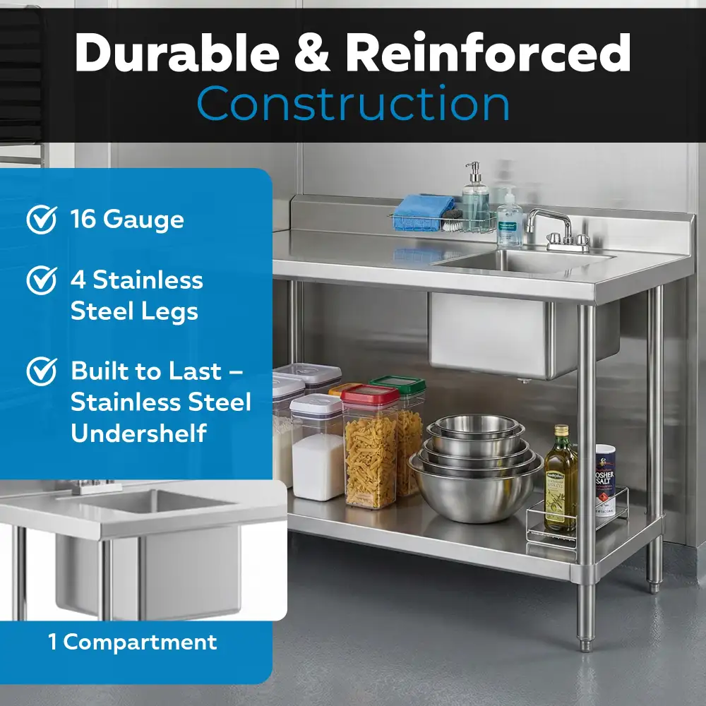 24" x 48" 16 Gauge Work Table with Left Sink, 304 Stainless Steel