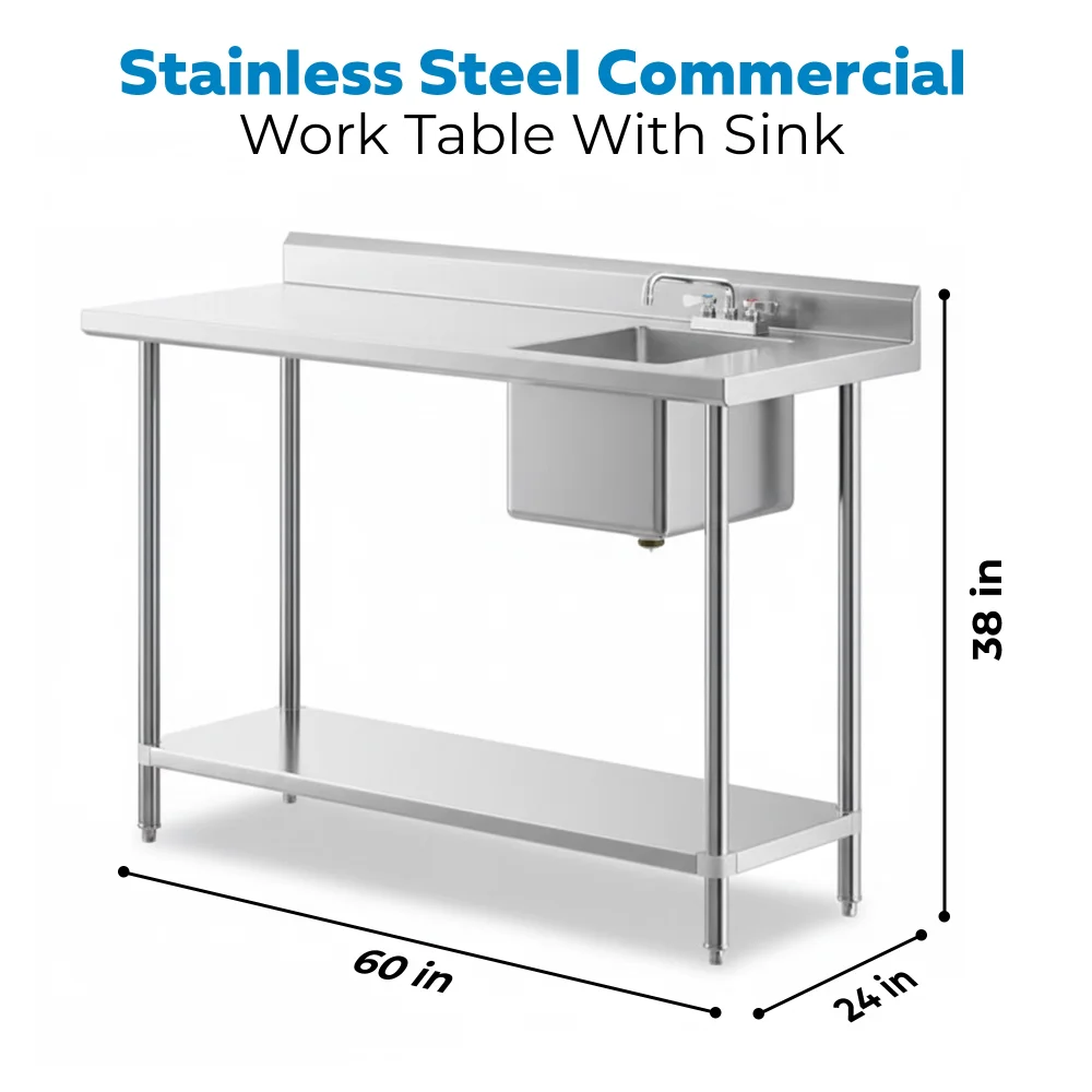 24" x 60" 16 Gauge Work Table with Left Sink, 304 Stainless Steel