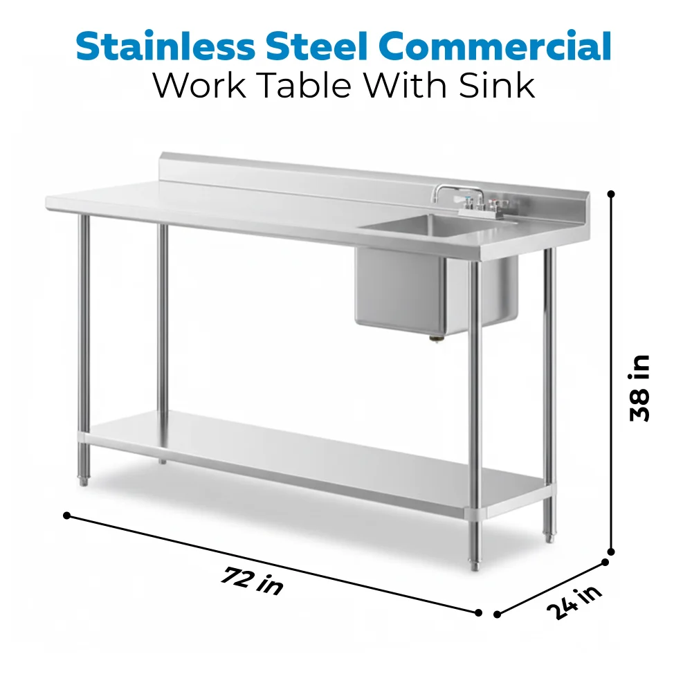 24" x 72" 16 Gauge Work Table with Left Sink, 304 Stainless Steel