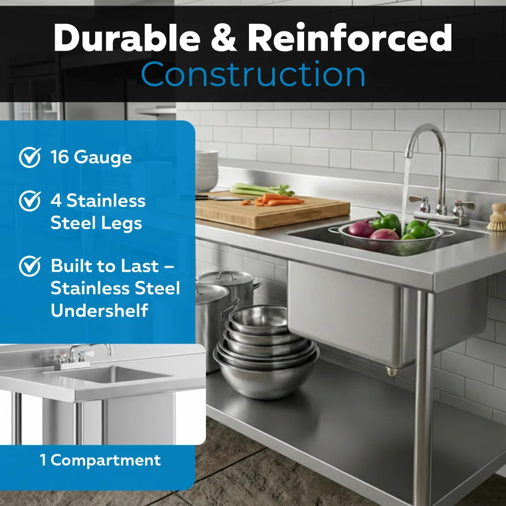 24" x 72" 16 Gauge Work Table with Left Sink, 304 Stainless Steel