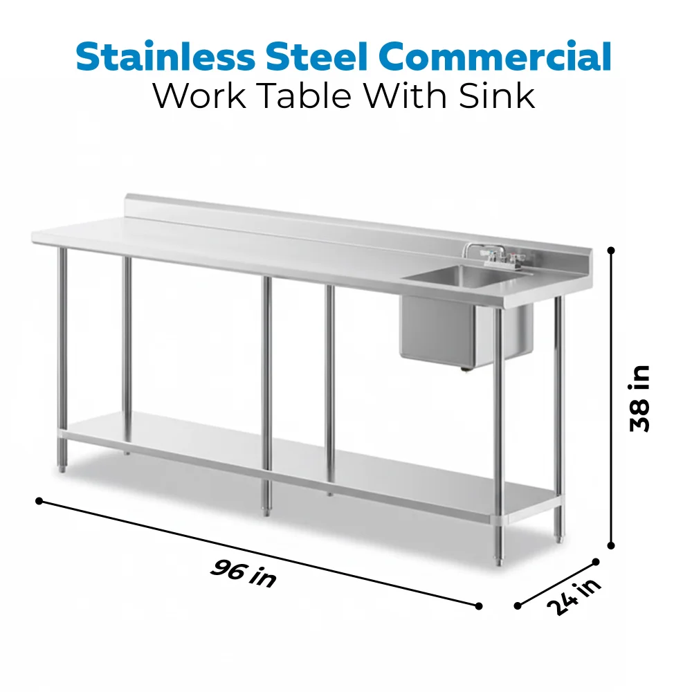 24" x 96" 16 Gauge Work Table with Left Sink, 304 Stainless Steel