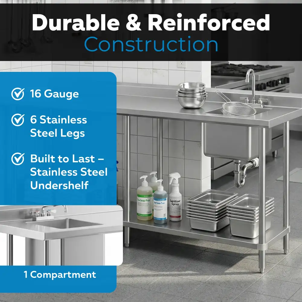 24" x 96" 16 Gauge Work Table with Left Sink, 304 Stainless Steel