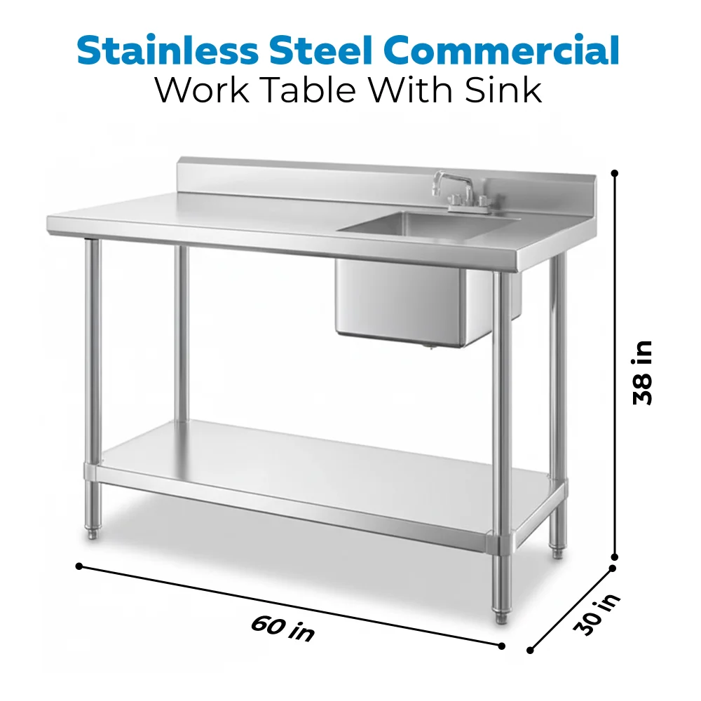 30" x 60" 16 Gauge Work Table with Left Sink, 304 Stainless Steel