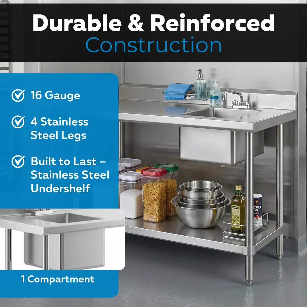 30" x 60" 16 Gauge Work Table with Left Sink, 304 Stainless Steel