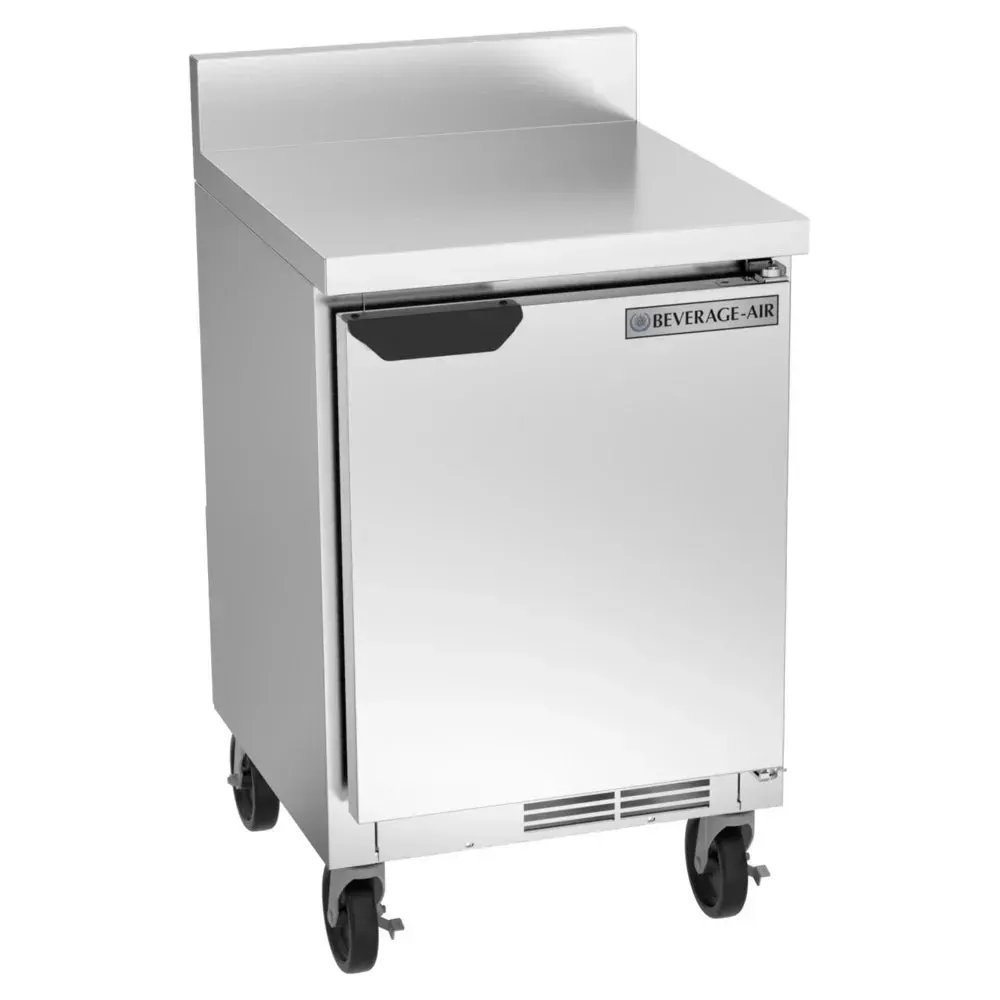 Stainless steel worktop refrigerator with foamed-in-place backsplash keeps prep areas clean; Beverage-Air build suits restaurants, hotels, and cafes.