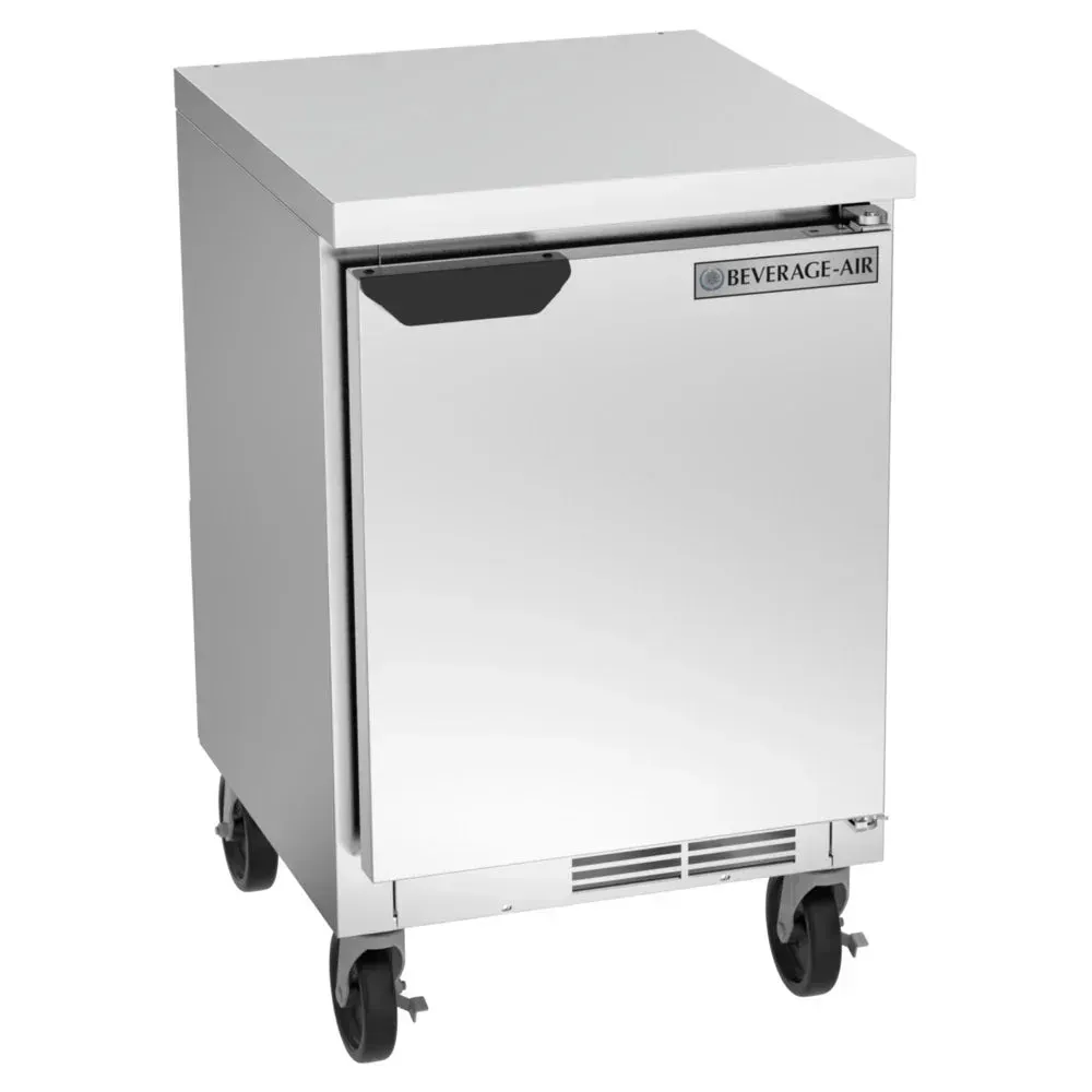 Shallow depth stainless steel worktop refrigerator with flat top from Beverage-Air, ideal for restaurant kitchens, hotel bars, or compact cafe spaces.