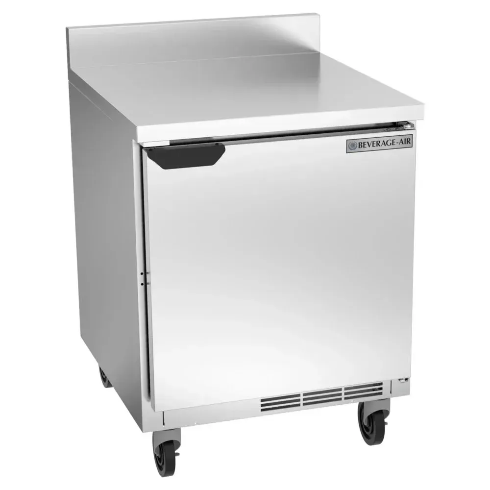 Beverage-Air one-door stainless steel worktop refrigerator with backsplash, durable and easy to clean for hotels, restaurants, or cafes.