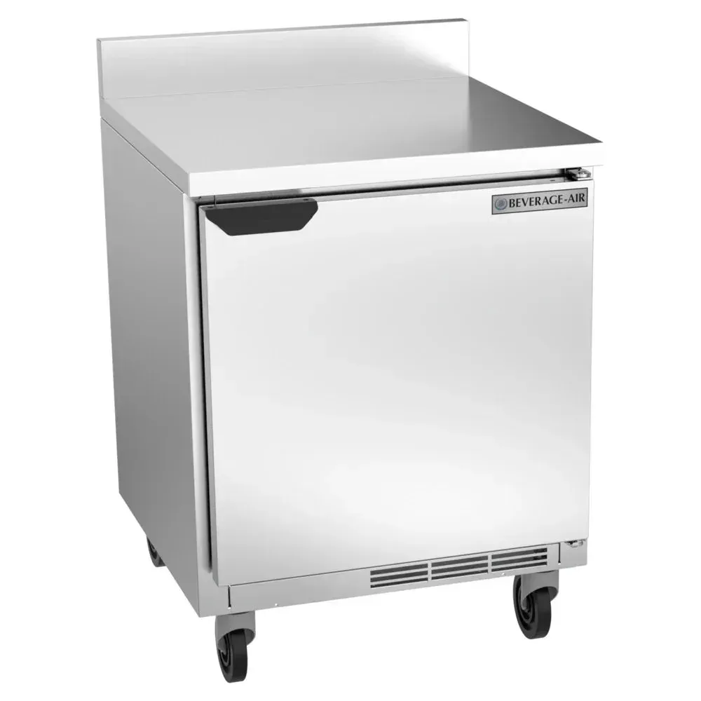 Compact worktop refrigerator with stainless steel backsplash from Beverage-Air, suited for restaurant prep, hotel bars, or cafe sandwich lines.