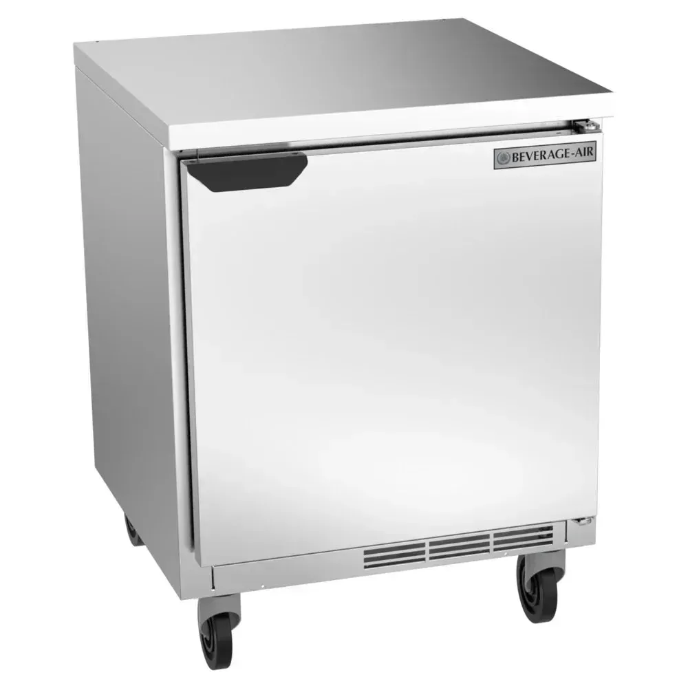 Shallow depth stainless steel worktop refrigerator with flat top from Beverage-Air, ideal for restaurant kitchens, hotel bars, or cafe sandwich lines.