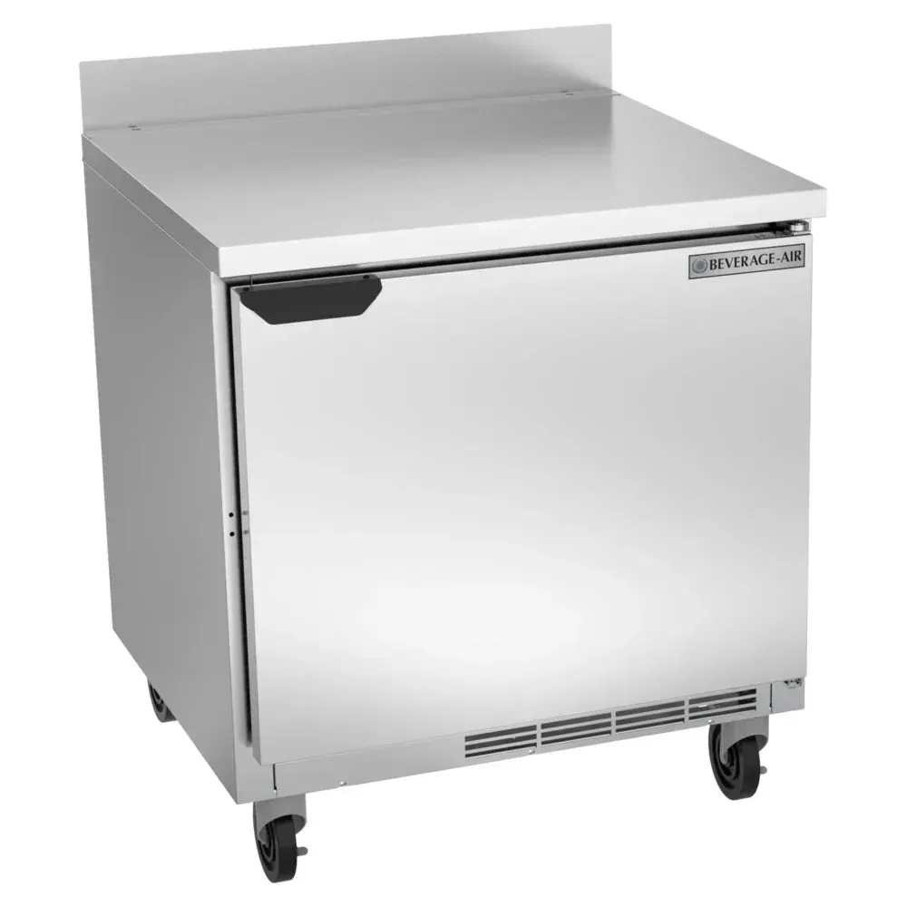 Compact stainless steel worktop refrigerator from Beverage-Air, perfect for restaurant prep, hotel bars, or cafe sandwich lines needing cold storage.