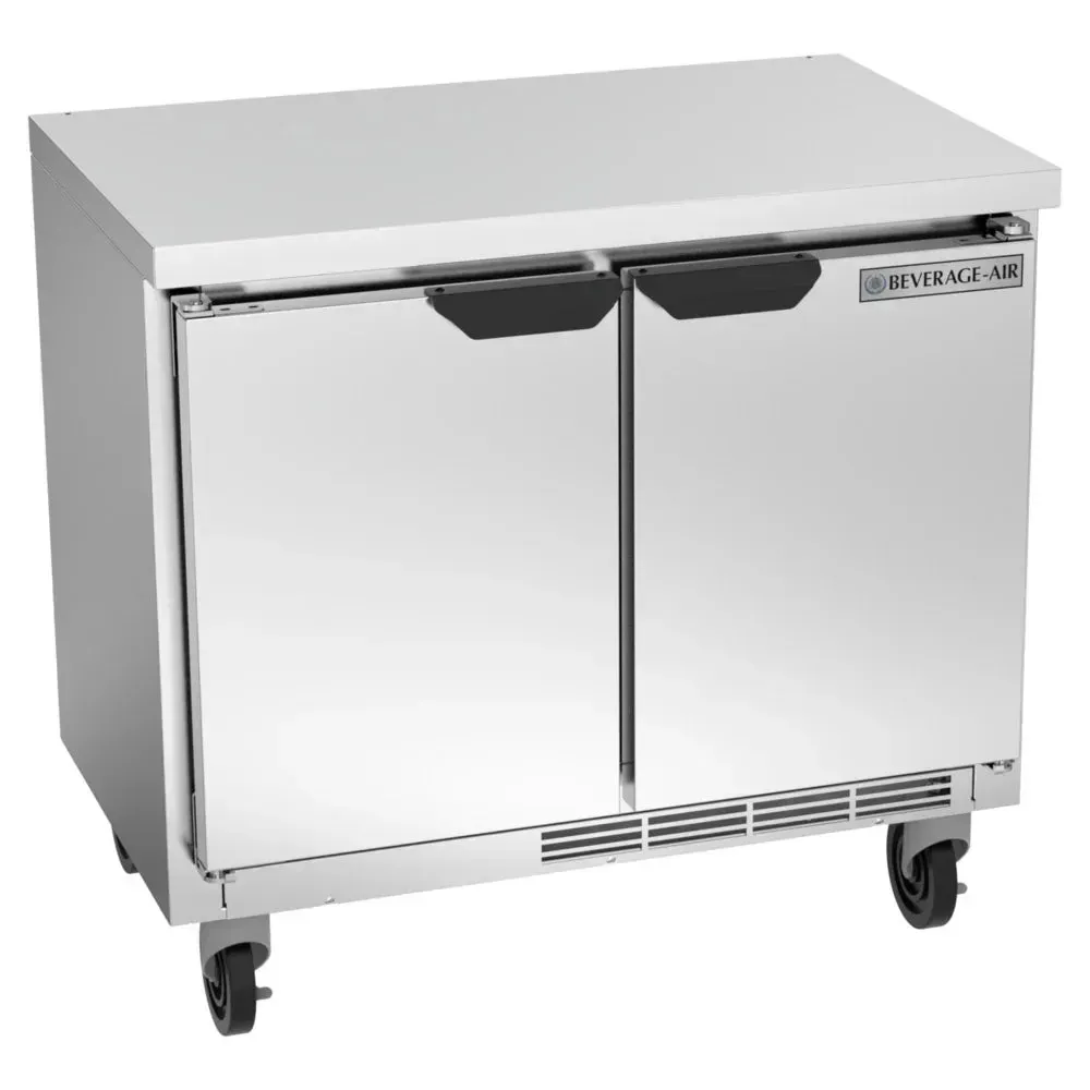 Shallow depth two-door worktop refrigerator with stainless steel flat top from Beverage-Air, ideal for restaurant prep, hotel bars, or cafe lines.
