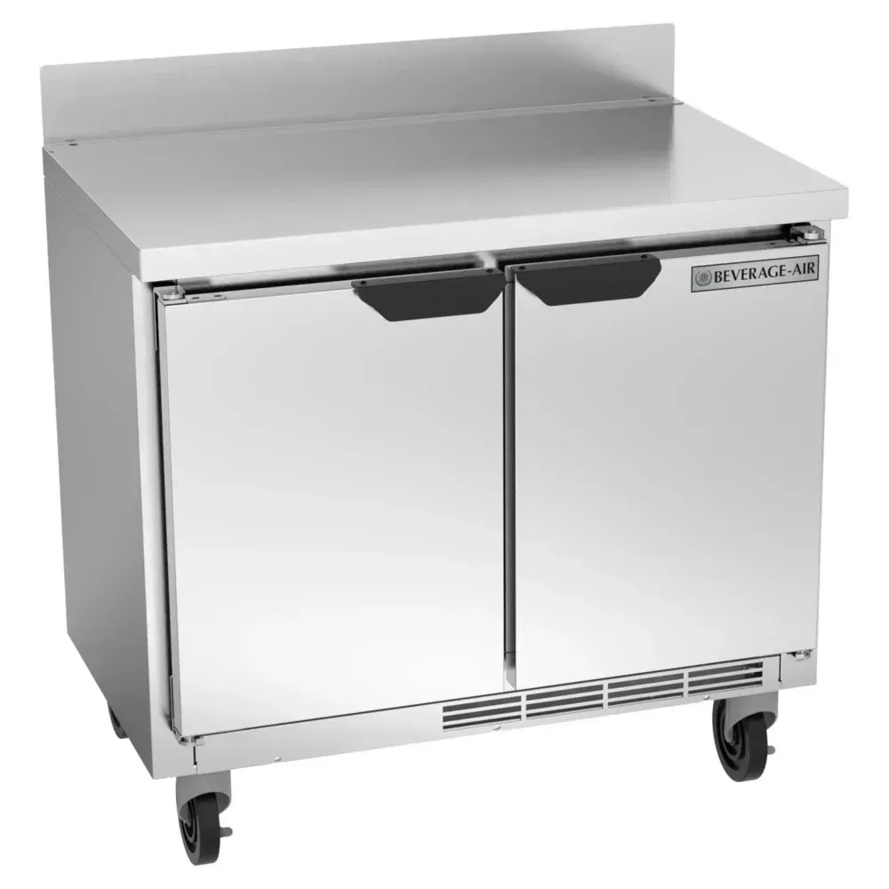Shallow depth two-door stainless steel worktop refrigerator from Beverage-Air, designed for restaurant prep, hotel bars, or compact cafe lines.
