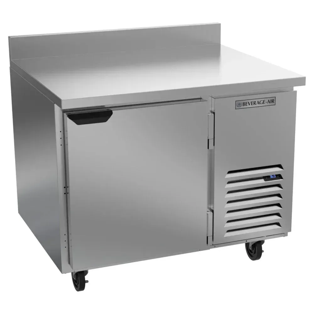 Beverage-Air one-door stainless steel worktop refrigerator, ideal for restaurant kitchen, hotel back bars, or cafes needing space-saving cold storage.