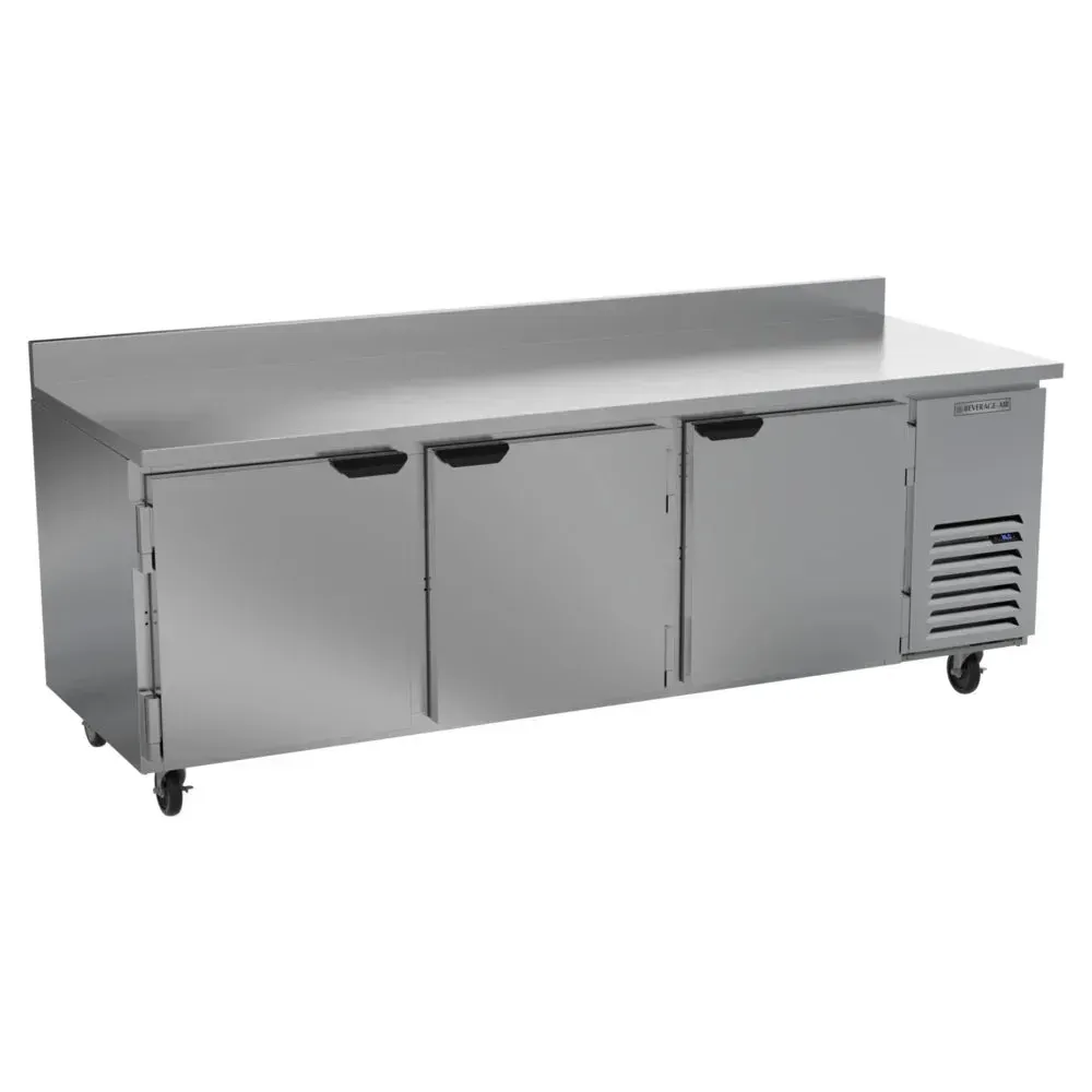 Beverage-Air three-door stainless steel worktop refrigerator, ideal for restaurant prep, hotel bars, or cafe sandwich lines needing chilled storage.