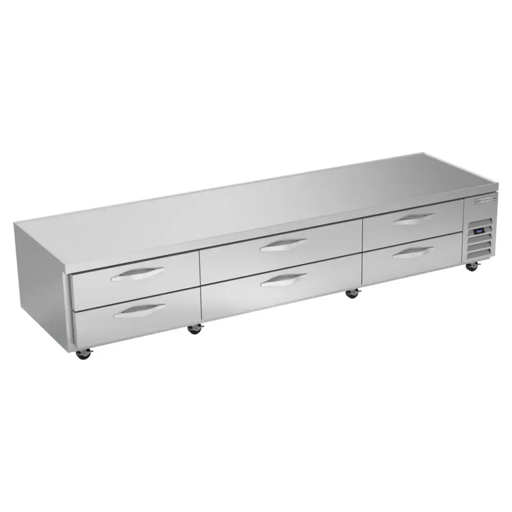 Wide six-drawer stainless refrigerated chef base by Beverage-Air for restaurant cooking lines, hotel kitchens, or cafe grill station operations.