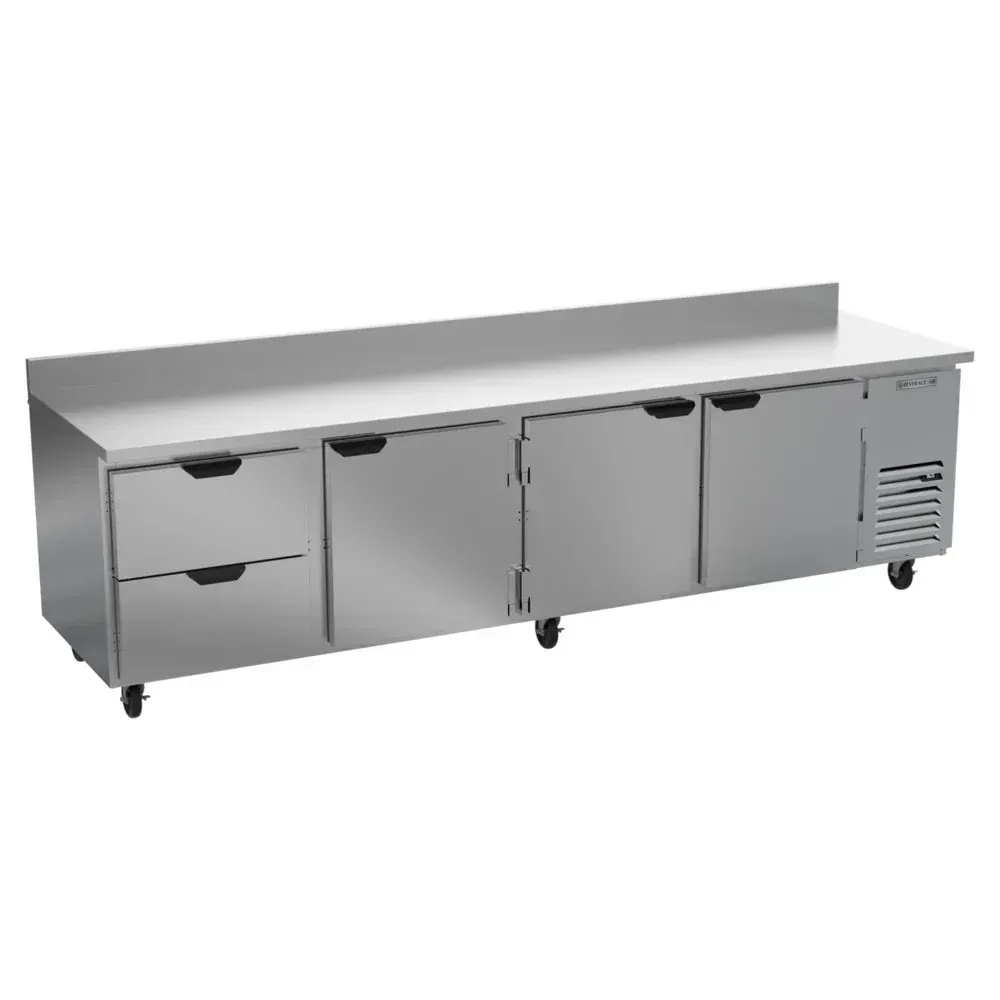 Beverage-Air stainless steel worktop refrigerator with three doors and two drawers for restaurant kitchens, hotel service, or cafe production lines.