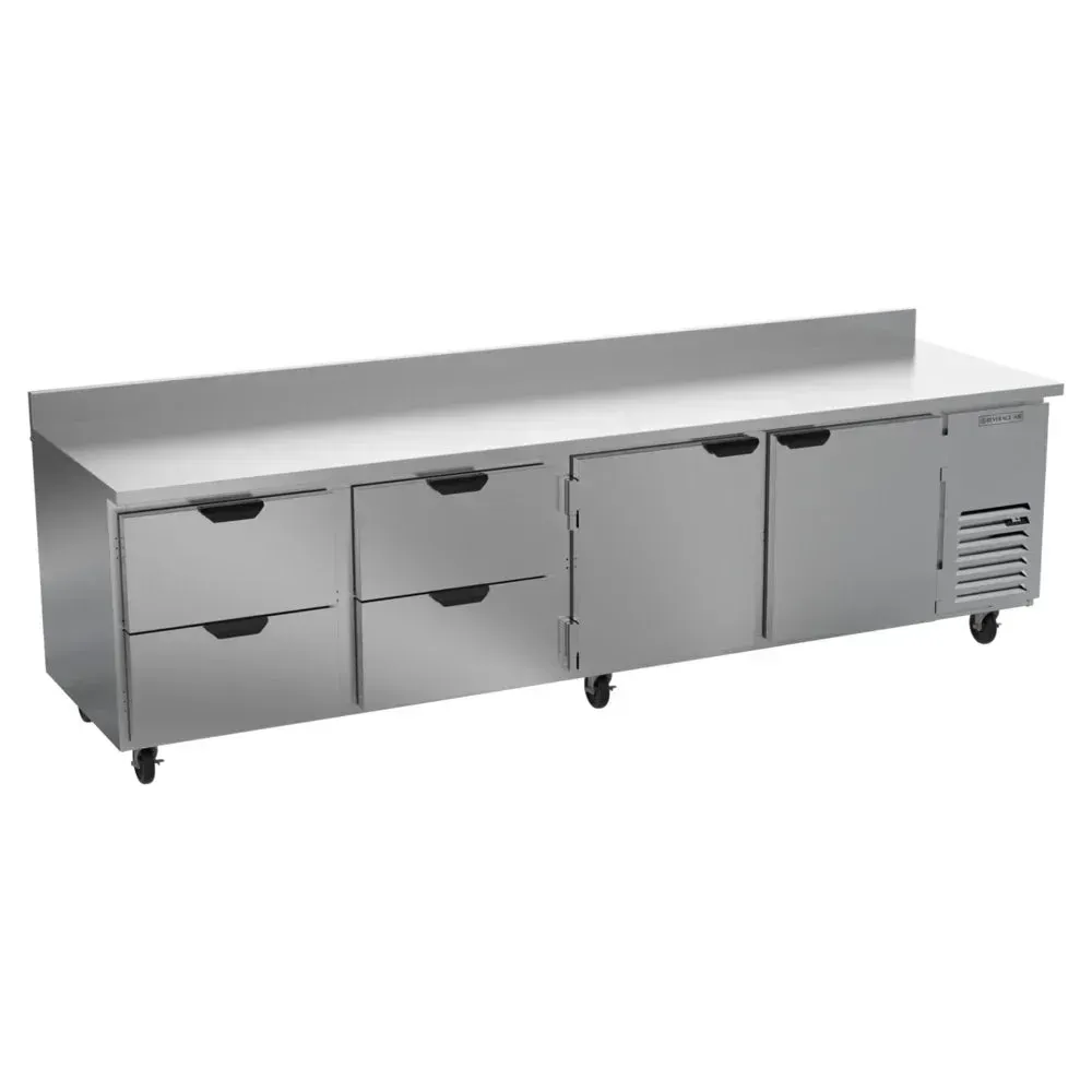 Two-door, four-drawer stainless worktop refrigerator from Beverage-Air, ideal for restaurant prep, hotel kitchens, or cafe catering stations.