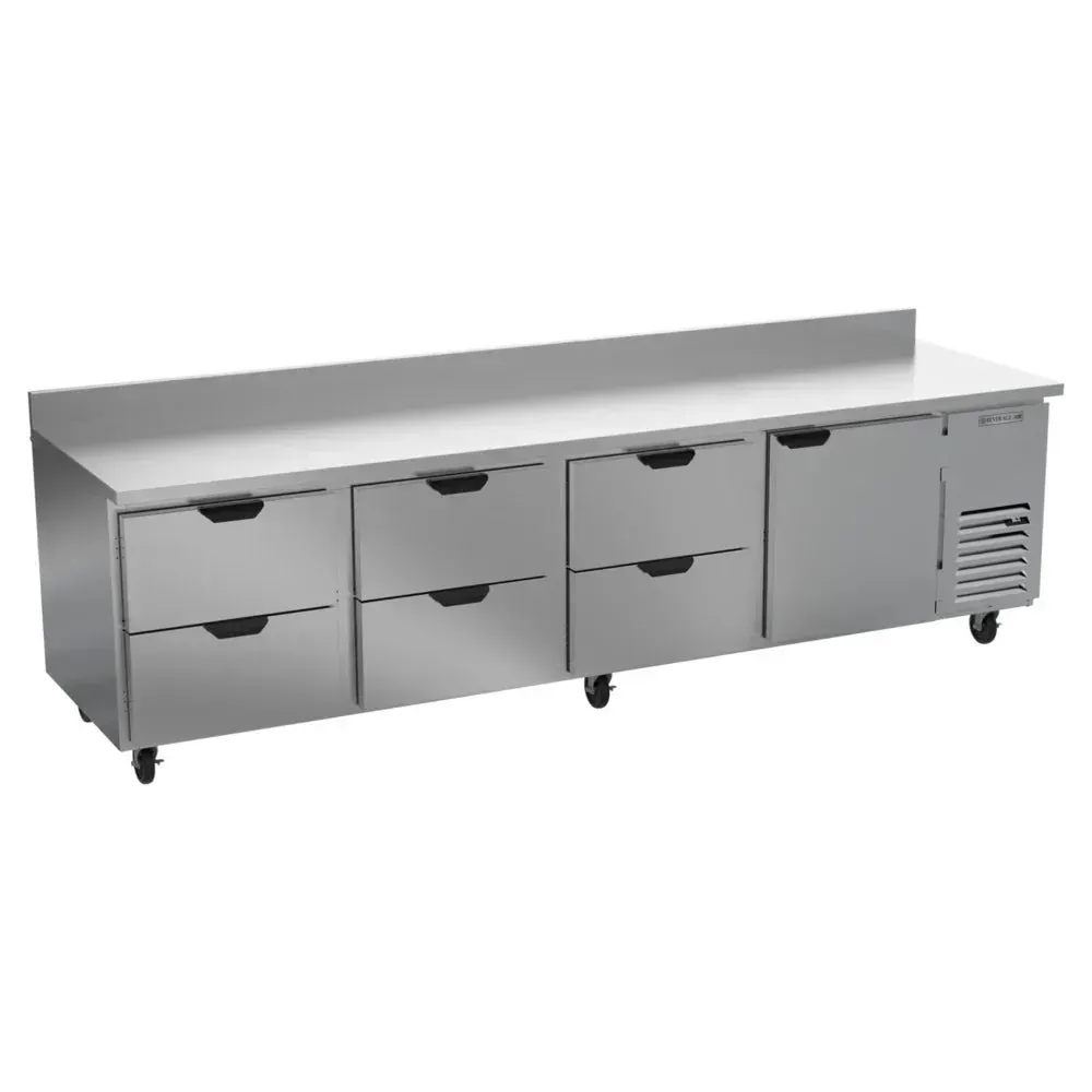 Beverage-Air worktop refrigerator with one door and six drawers for busy restaurant kitchens, hotel banquets, or high-capacity cafe catering service.