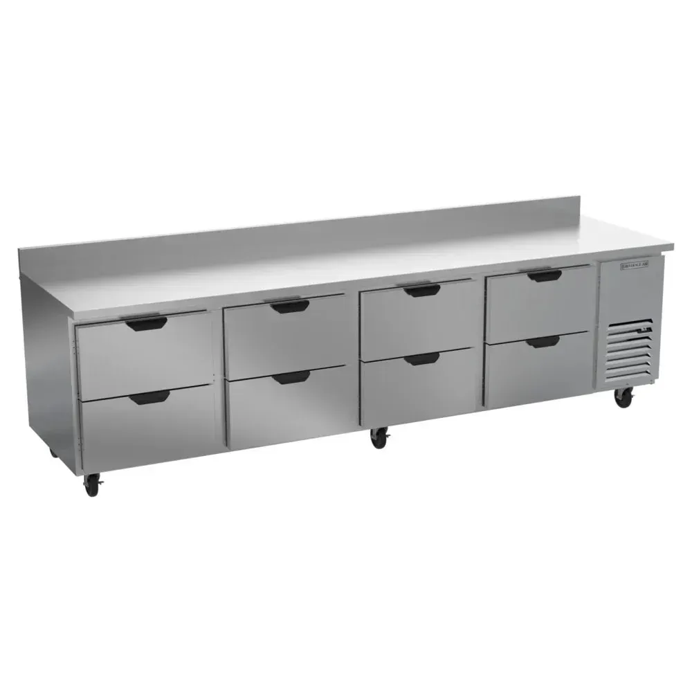 Extra-wide stainless steel worktop refrigerator by Beverage-Air with eight drawers for high-volume restaurant prep, banquet, or large cafe production.