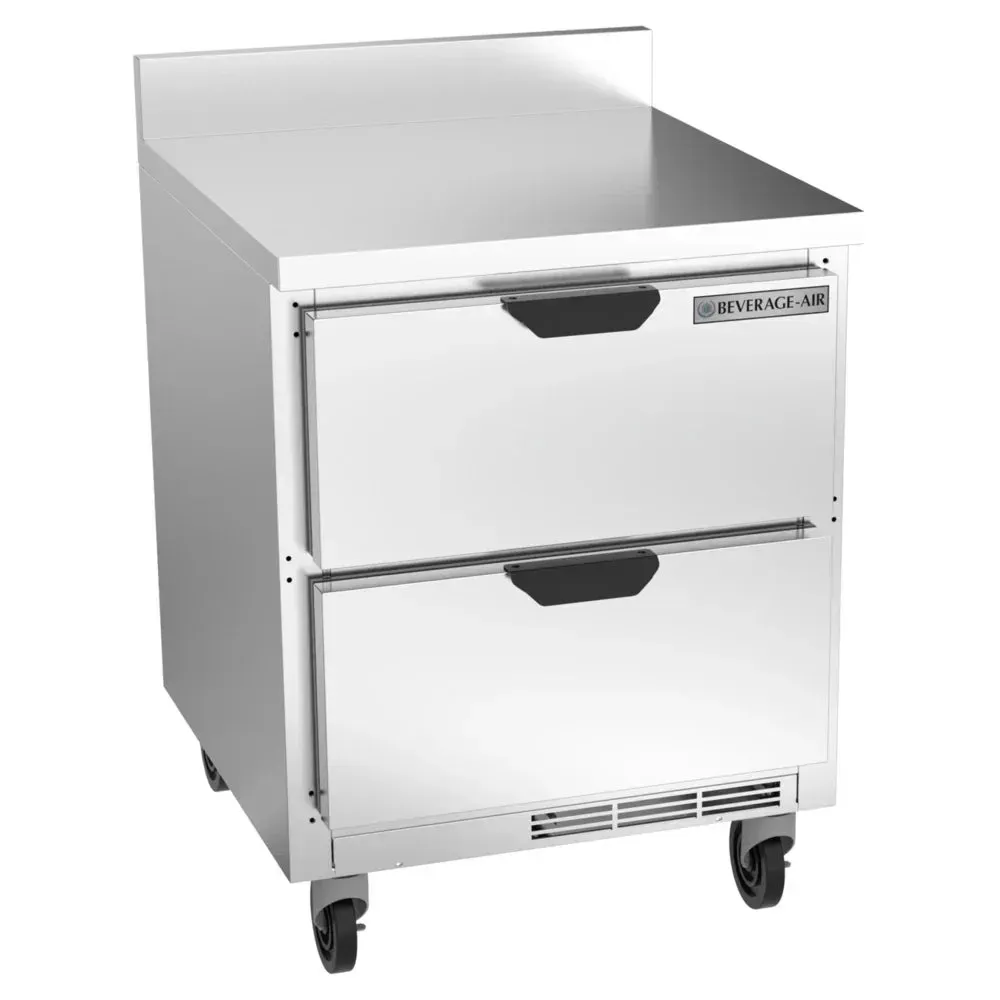 Worktop refrigerator with two drawers and backsplash by Beverage-Air, designed for restaurant prep, hotel bars, or cafe sandwich line operations.
