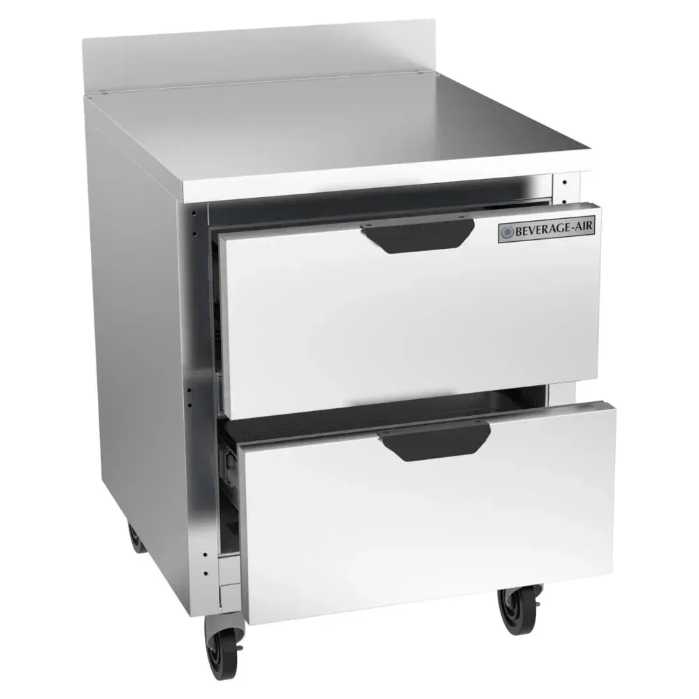 Beverage-Air stainless steel worktop refrigerator with smooth sliding drawers, ideal for restaurant kitchens, hotel banquets, or cafe catering.